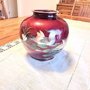 Vintage enamelware red Vase with Bird Design